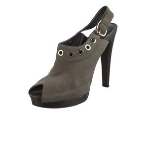 Stuart Weitzman Peep Toe Slingback Heels Gray Suede Platform Buckle Size 8.5